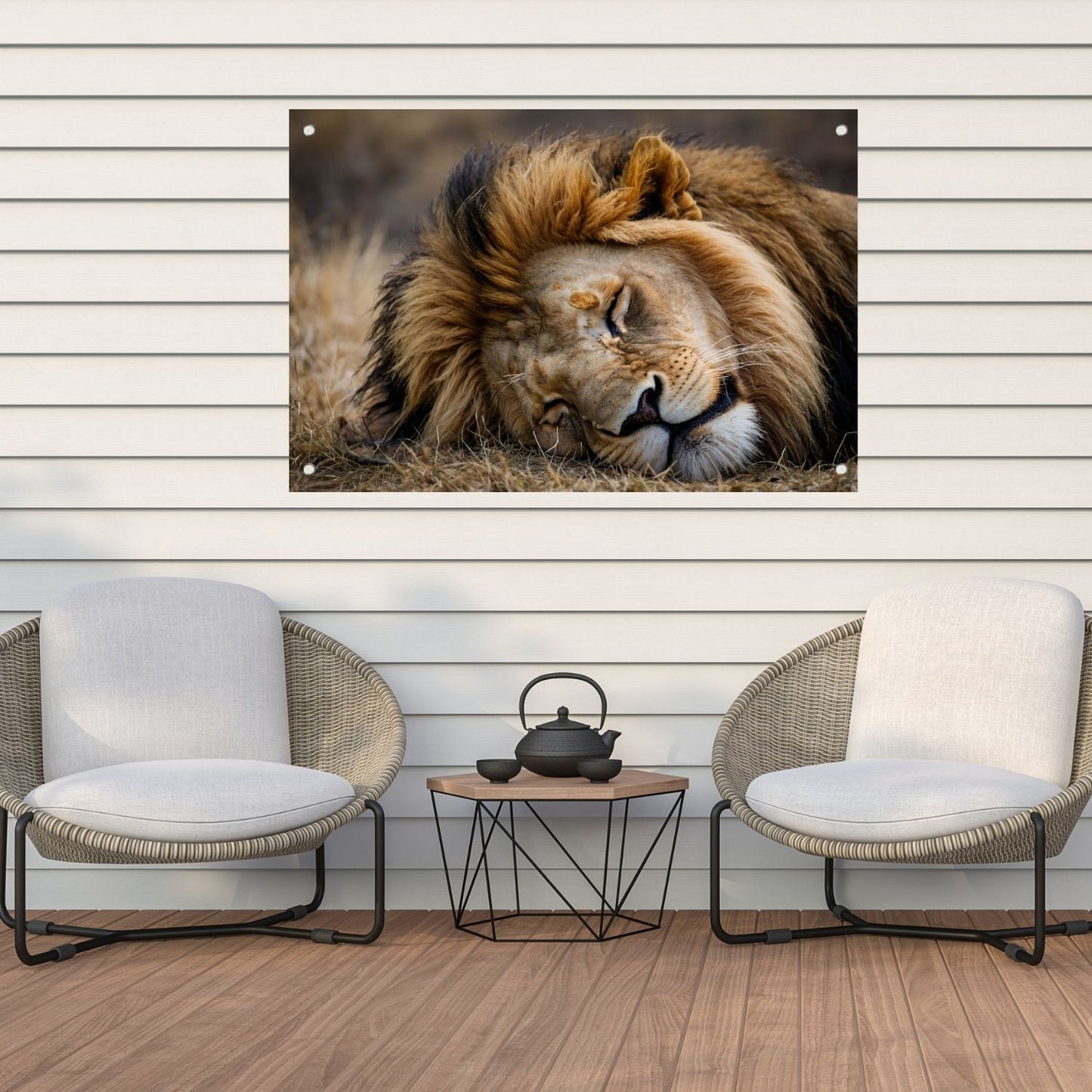 Slapende leeuw in zijn natuurlijke habitat tuinposter