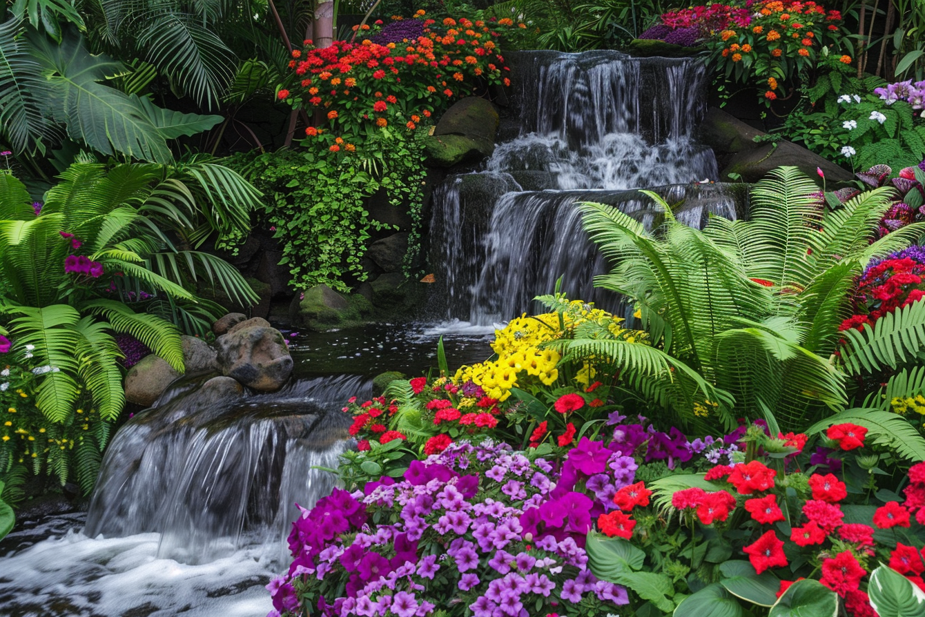 Kleurrijke tuin met waterval en diverse bloemen acrylglas