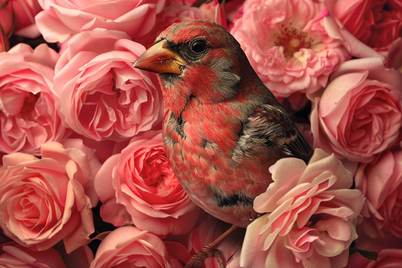 Vogel omhuld door roze rozenpracht canvas