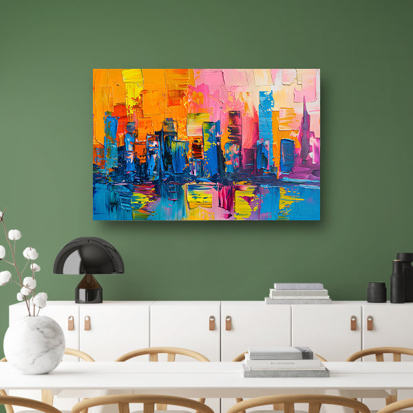 Levendige abstracte interpretatie van een stedelijke skyline poster
