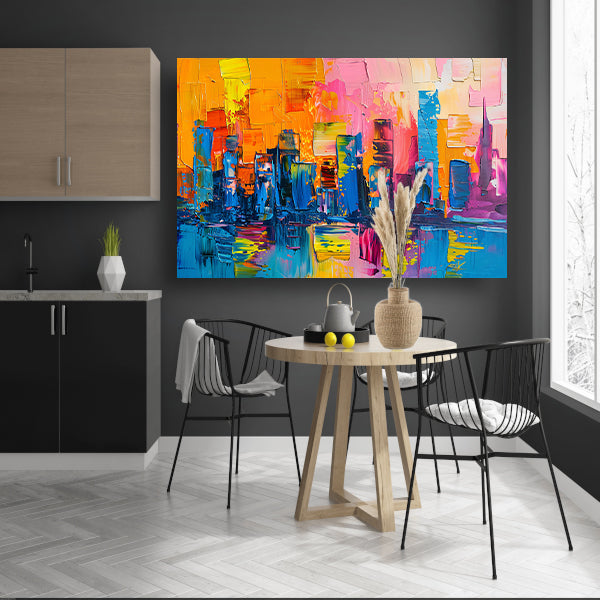 Levendige abstracte interpretatie van een stedelijke skyline poster