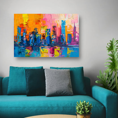Levendige abstracte interpretatie van een stedelijke skyline poster