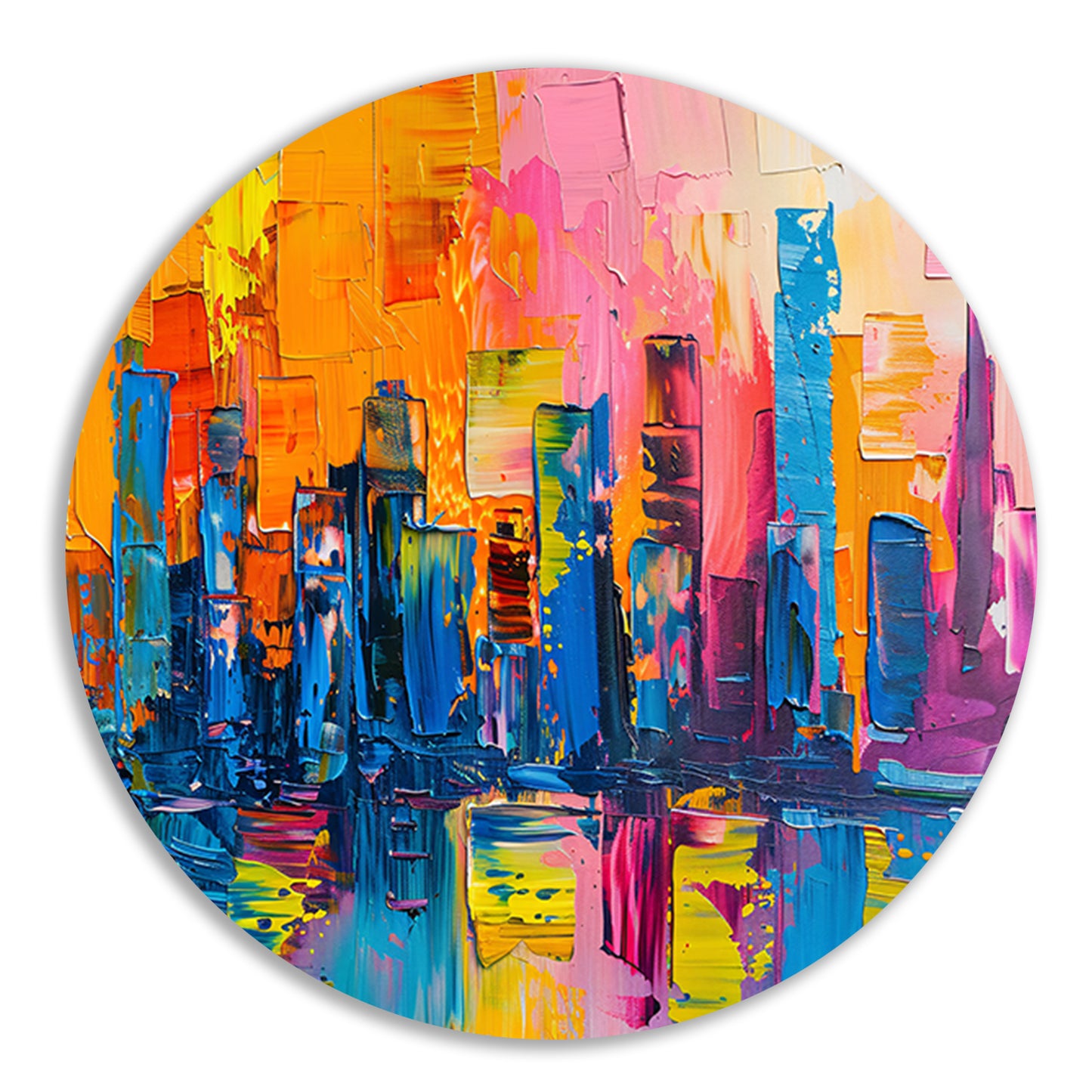 Levendige abstracte interpretatie van een stedelijke skyline aluminium muurcirkel