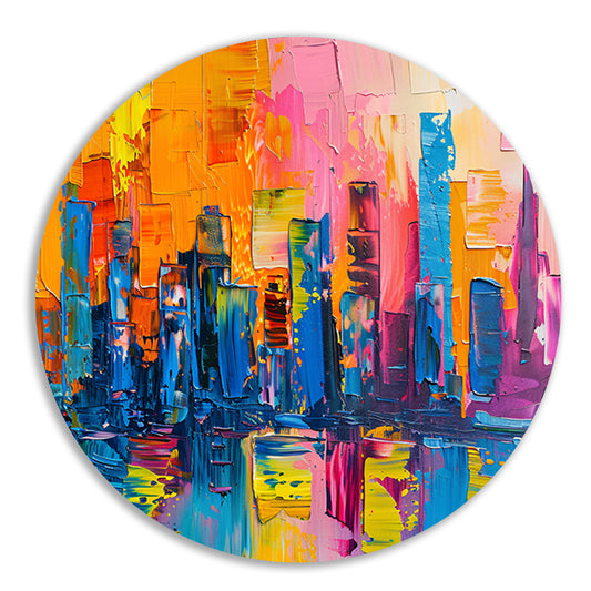 Levendige abstracte interpretatie van een stedelijke skyline aluminium muurcirkel