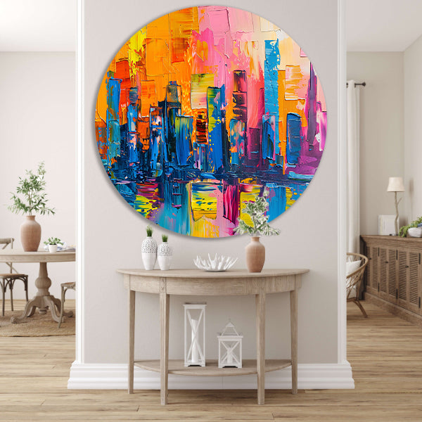Levendige abstracte interpretatie van een stedelijke skyline aluminium muurcirkel