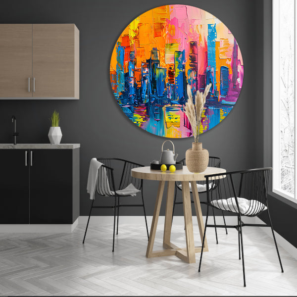 Levendige abstracte interpretatie van een stedelijke skyline aluminium muurcirkel
