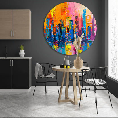 Levendige abstracte interpretatie van een stedelijke skyline aluminium muurcirkel