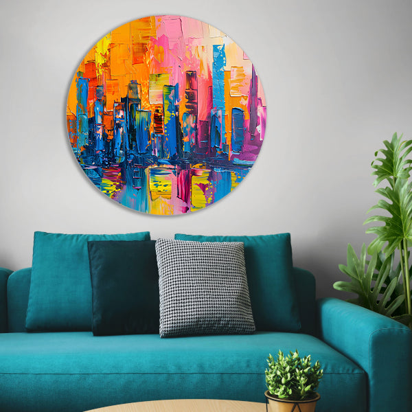 Levendige abstracte interpretatie van een stedelijke skyline forex muurcirkel