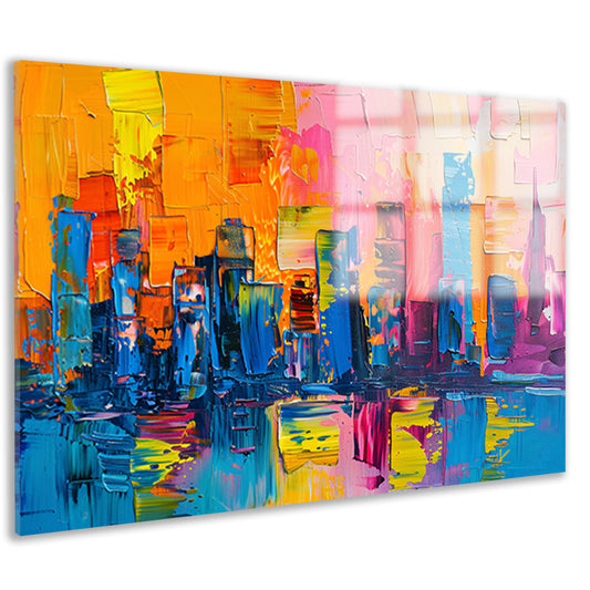 Levendige abstracte interpretatie van een stedelijke skyline acrylglas