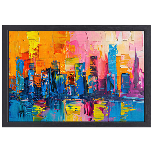Levendige abstracte interpretatie van een stedelijke skyline canvas met baklijst