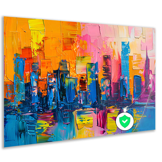 Levendige abstracte interpretatie van een stedelijke skyline poster