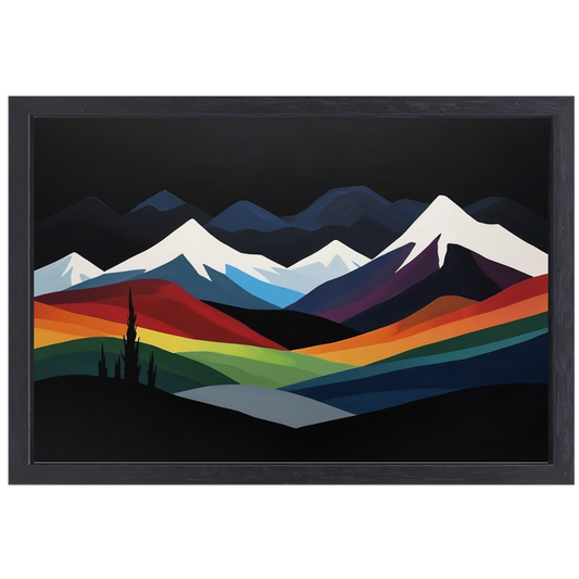 Kleurrijk Minimalistisch Berglandschap bij Nacht canvas met baklijst