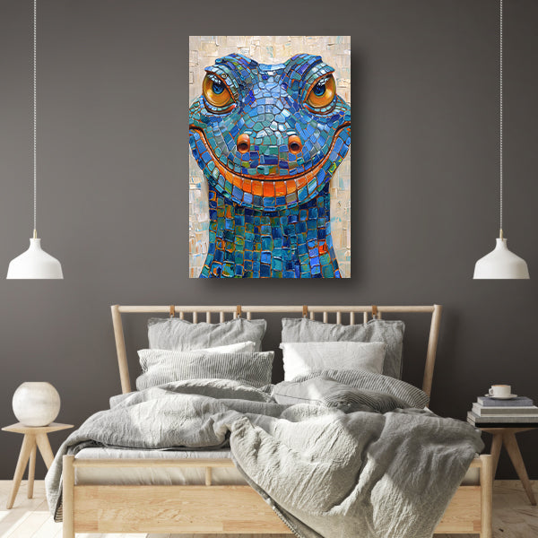 Kleurrijk popart hagedis met vrolijke glimlach canvas met baklijst