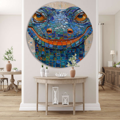 Kleurrijk popart hagedis met vrolijke glimlach aluminium muurcirkel