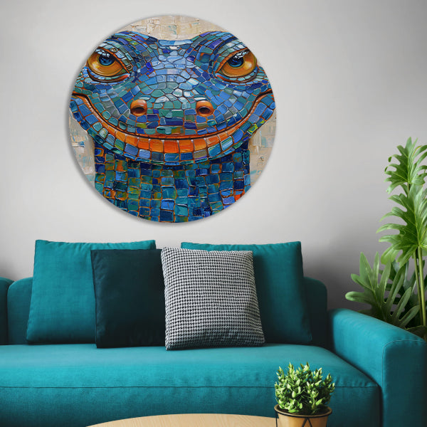 Kleurrijk popart hagedis met vrolijke glimlach aluminium muurcirkel