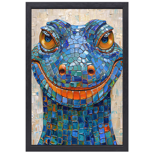 Kleurrijk popart hagedis met vrolijke glimlach canvas met baklijst