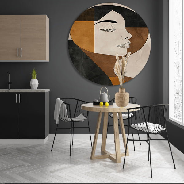 Gezicht van vrouw in abstracte monochrome stijl aluminium muurcirkel