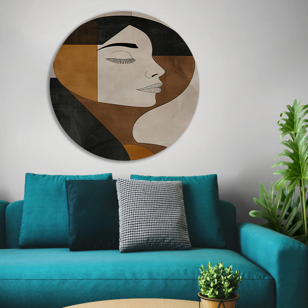 Gezicht van vrouw in abstracte monochrome stijl aluminium muurcirkel