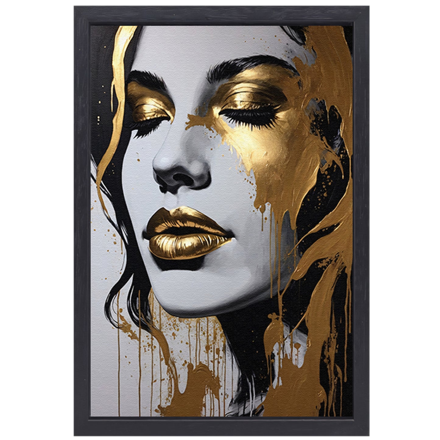 Vrouwengezicht in Zwart, Wit en Goud canvas met baklijst
