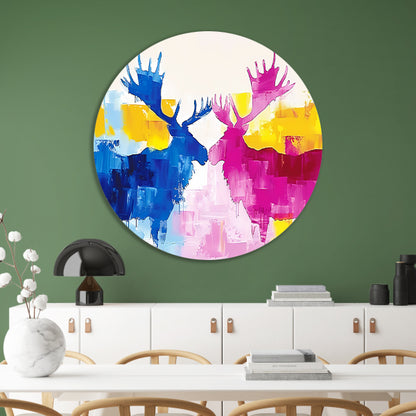 Abstract schilderij van elanden in felle kleuren aluminium muurcirkel
