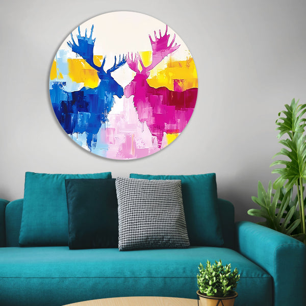 Abstract schilderij van elanden in felle kleuren forex muurcirkel