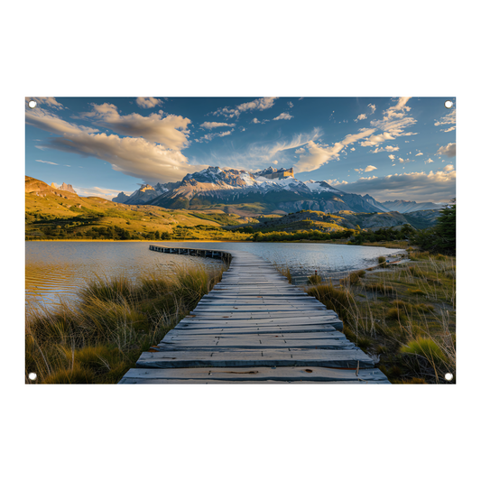 Brug naar serene berglandschap bij meer tuinposter