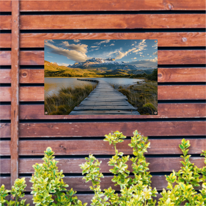 Brug naar serene berglandschap bij meer tuinposter