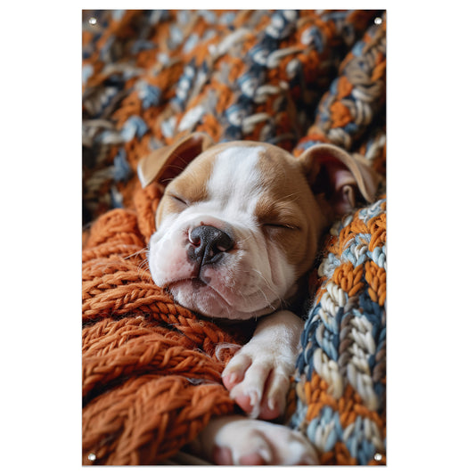 Bulldog Puppy Slaapt in Warme Deken tuinposter