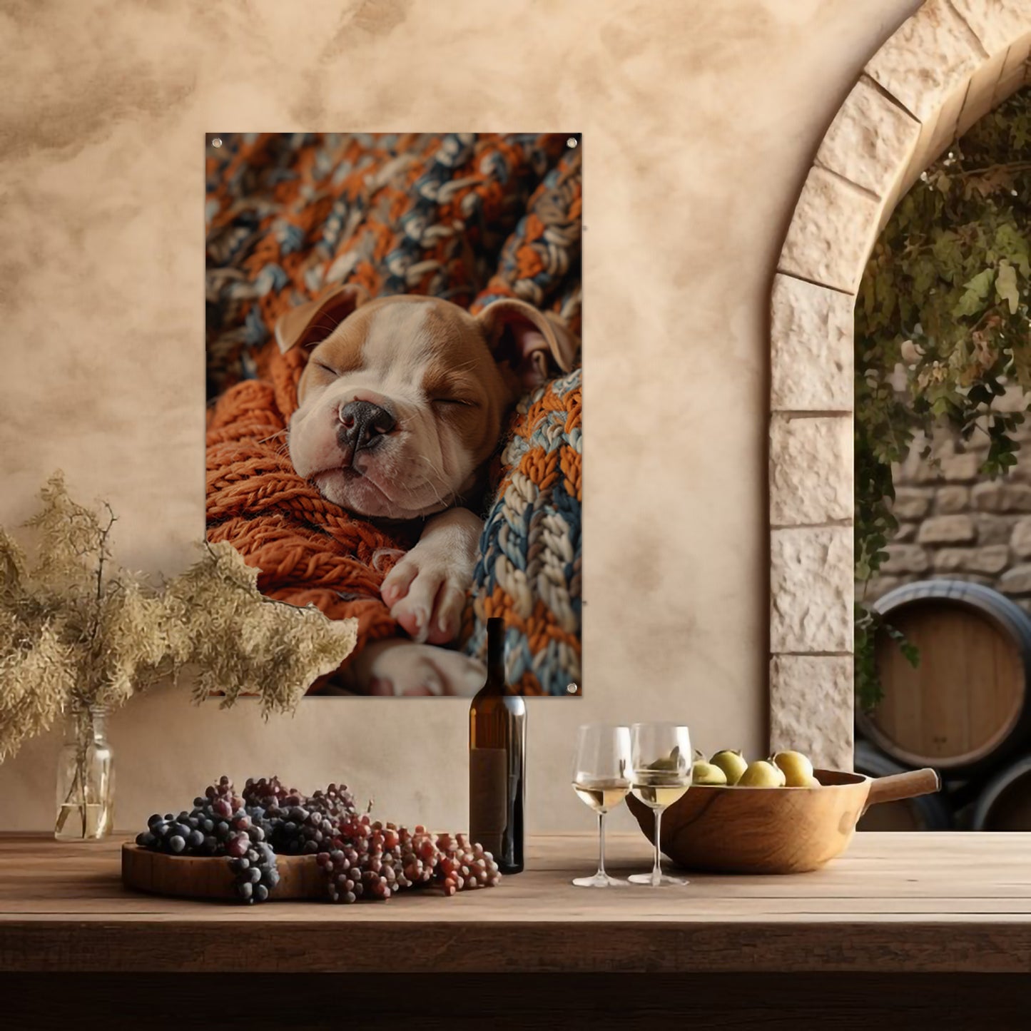 Bulldog Puppy Slaapt in Warme Deken tuinposter