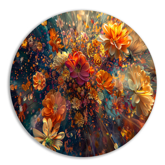 Levendige kleurenexplosie van bloemen in kunst aluminium muurcirkel