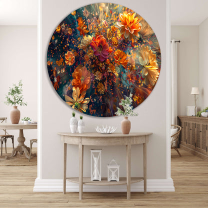 Levendige kleurenexplosie van bloemen in kunst aluminium muurcirkel