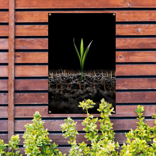 Groene spruit in donkere aarde tuinposter