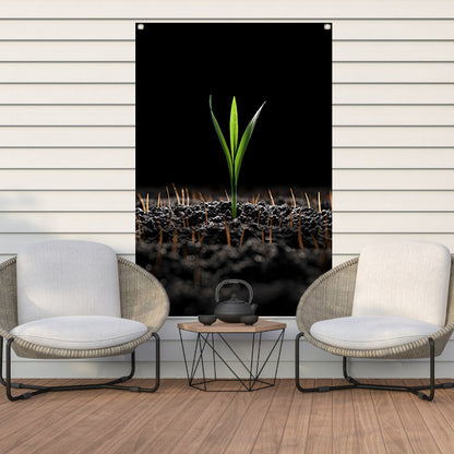 Groene spruit in donkere aarde tuinposter