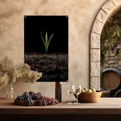 Groene spruit in donkere aarde tuinposter