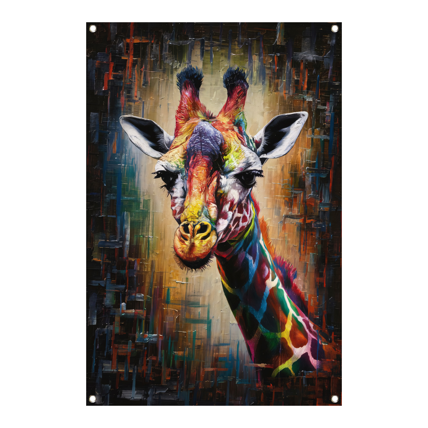 Explosieve Kleurrijkheid: Giraffe in Abstractie tuinposter