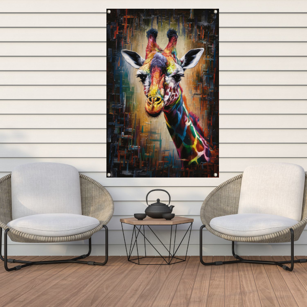 Explosieve Kleurrijkheid: Giraffe in Abstractie tuinposter