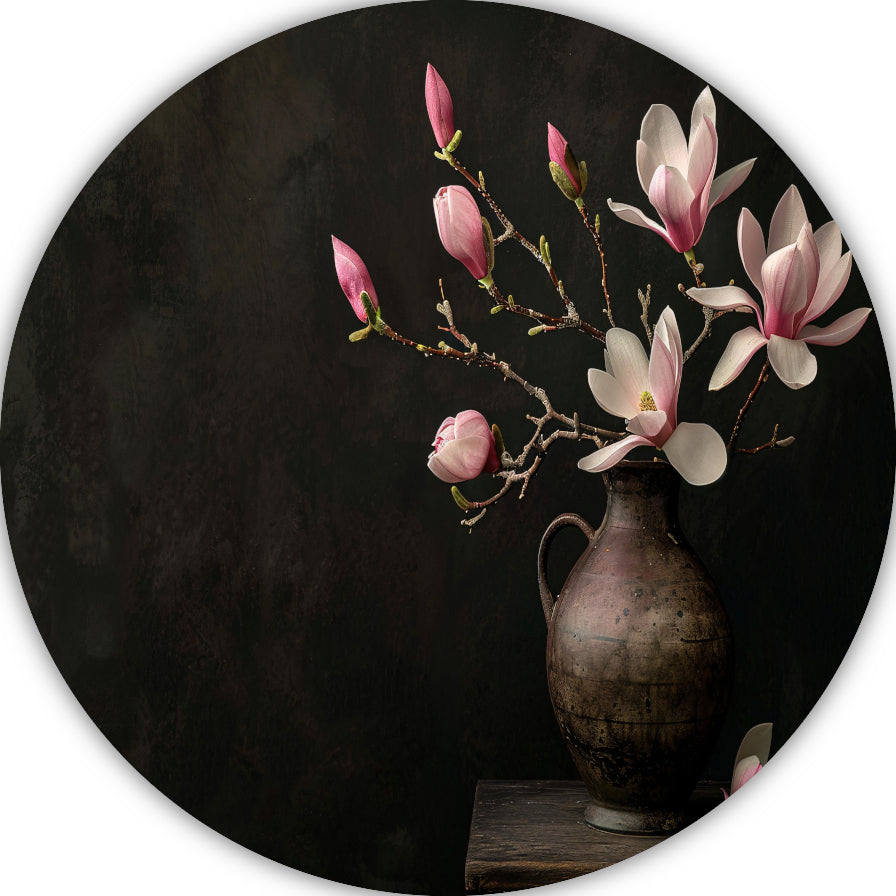 Antieke Vaas met Bloeiende Magnolia Tak aluminium muurcirkel