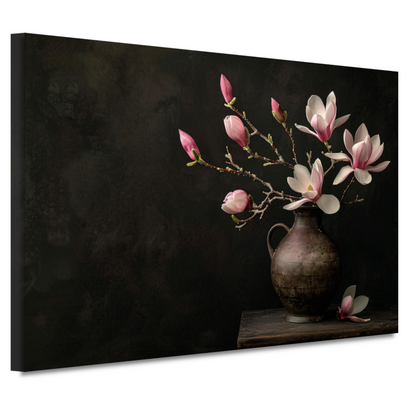 Antieke Vaas met Bloeiende Magnolia Tak canvas