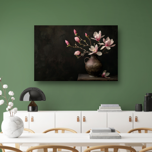 Antieke Vaas met Bloeiende Magnolia Tak canvas