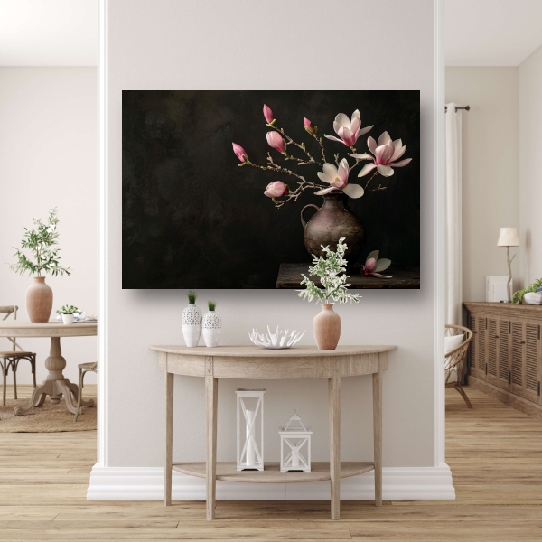 Antieke Vaas met Bloeiende Magnolia Tak canvas