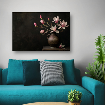 Antieke Vaas met Bloeiende Magnolia Tak canvas