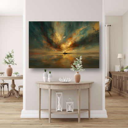 Impressionistische boot op woeste zee poster