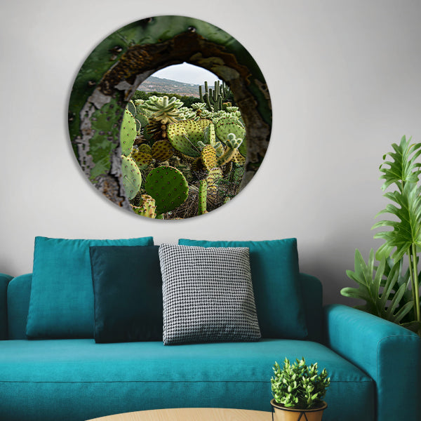 Doorkijkje naar een cactusparadijs aluminium muurcirkel