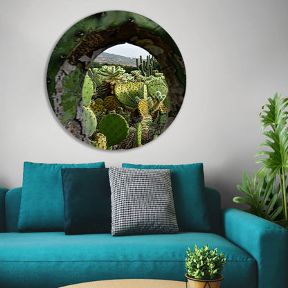 Doorkijkje naar een cactusparadijs aluminium muurcirkel