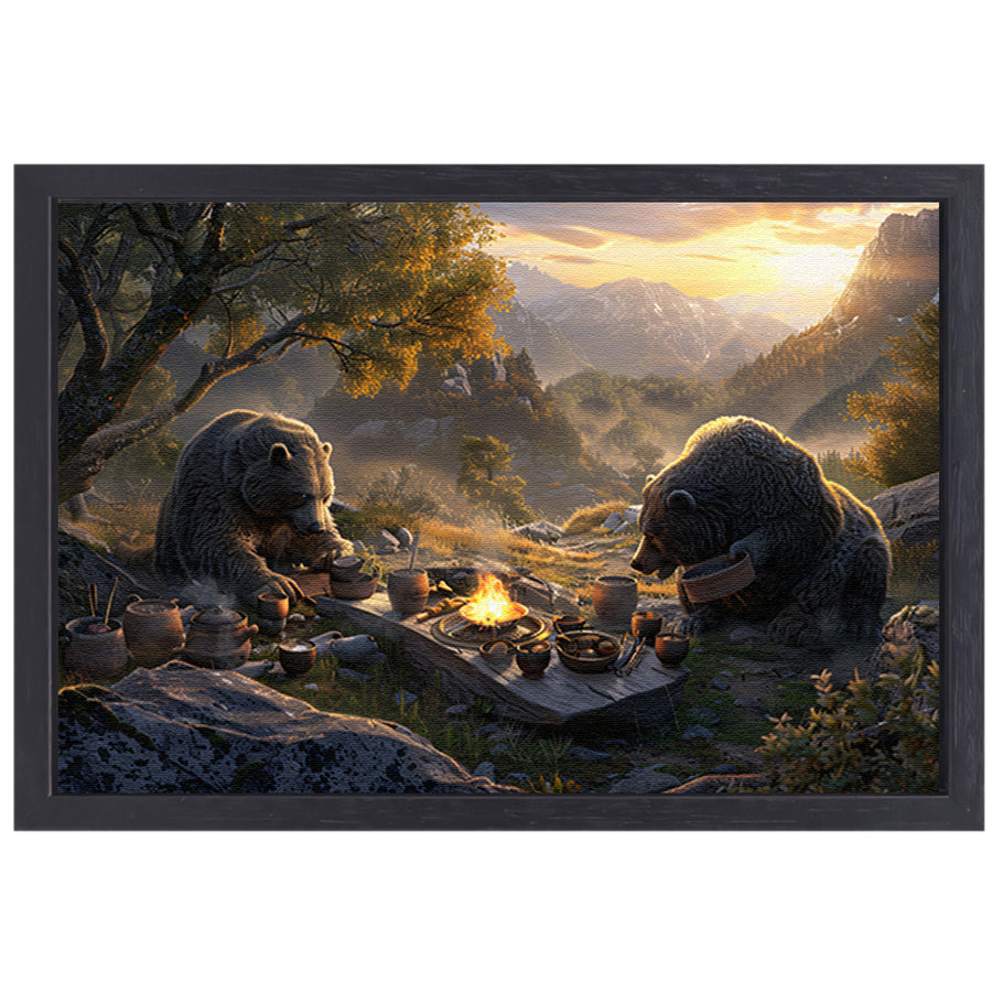 Beren picknicken in impressionistische stijl canvas met baklijst