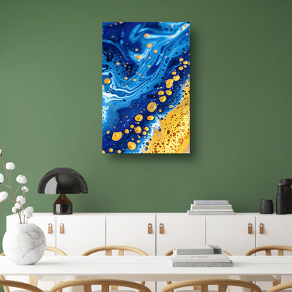 Blauwe en gouden abstracte schilderij canvas met baklijst