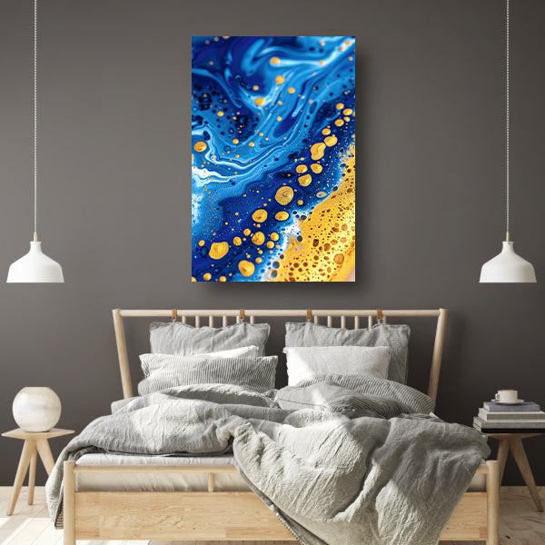 Blauwe en gouden abstracte schilderij canvas met baklijst