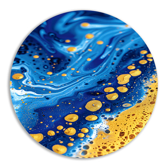 Blauwe en gouden abstracte schilderij aluminium muurcirkel