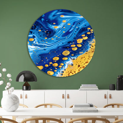 Blauwe en gouden abstracte schilderij aluminium muurcirkel