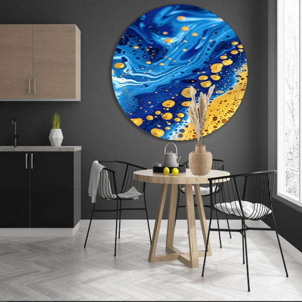 Blauwe en gouden abstracte schilderij aluminium muurcirkel